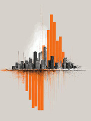 Abstract Cityscape with Orange Bars and Mirrored Reflection.