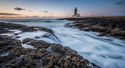 Lighthouse by the ocean at sunset with waves on rocky shoreline