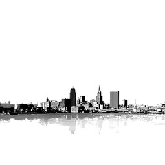 Graphic black and white ink illustration of a city skyline with a detailed water reflection.