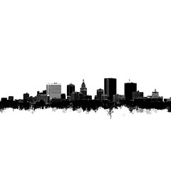 Naklejka premium Monochromatic urban skyline illustration with a detailed grungy ink-splatter effect.