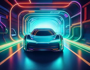 modern electric car charging in futuristic tunnel with glowing neon lights
