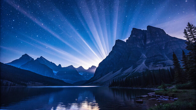 Majestic mountain landscape at night with radiant light beams and lake reflection - Powered by Adobe