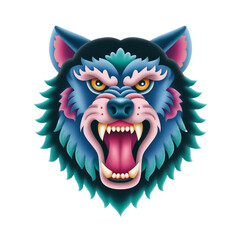 Fototapeta premium Fierce wolf head with bared teeth and striking blue teal pink color palette