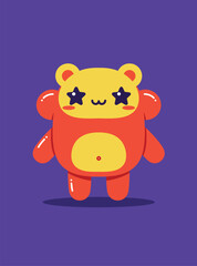 Naklejka premium Playful Red and Yellow Bear Character with Star Eyes on Purple Backdrop