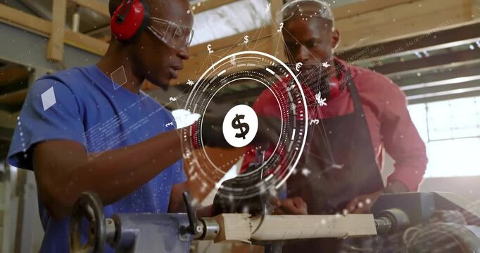 Switching lathe motor rotating, mentor guiding apprentice shaping wood, showing dollar icon overlay