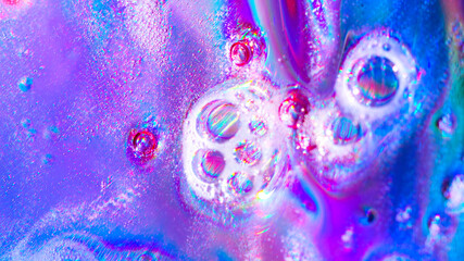 Abstract holographic bubbles, colorful neon liquid rainbow surface, vibrant glowing psychedelic texture