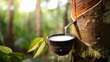 fresh cut on a rubber tree trunk showing natural milky latex dripping into a bowl surrounded by forest greenery