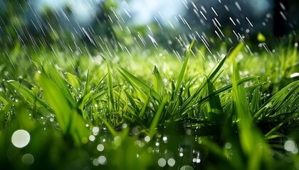 close up fresh green grass water splashes rain
