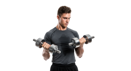 Muscular young man with short brown hair lifting dumbbells to build biceps and triceps muscles while training in a gym on a black background