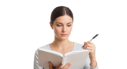 A focused young woman holding a pen and writing in a notebook on a white background with a festive confetti effect