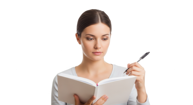 A focused young woman holding a pen and writing in a notebook on a white background with a festive confetti effect