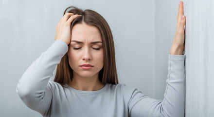 Dizzy Female Standing and Holding Head, Medical Scene of Hypotension