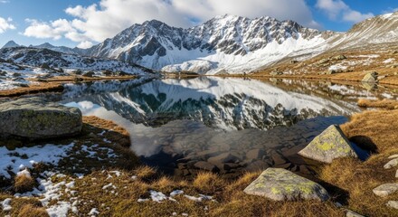 Snowy mountain reflections in pristine alpine lake with clear blue sky