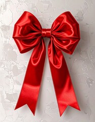A vibrant red satin ribbon bow is elegantly displayed against a textured gray background.