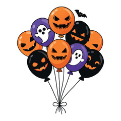 Colorful Halloween Balloons with Pumpkin Ghost and Bat Faces Cartoon Illustration
