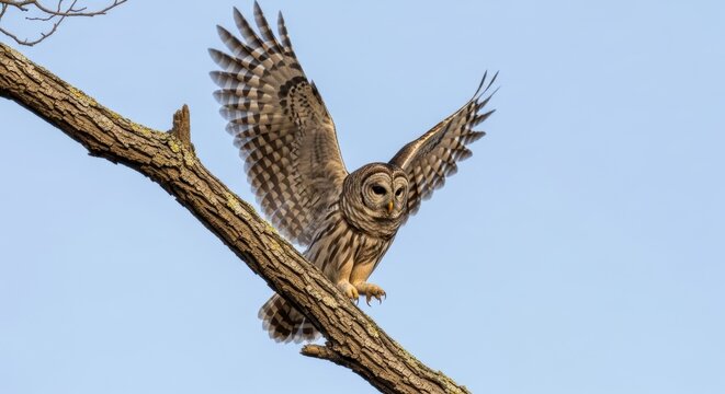 Barred owl in flight landing on tree branch against blue sky - Powered by Adobe