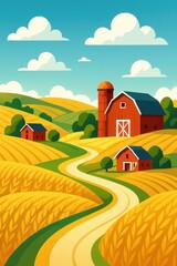 Vector illustration of rolling countryside landscape with wheat fields and farmhouses for agricultural marketing materials