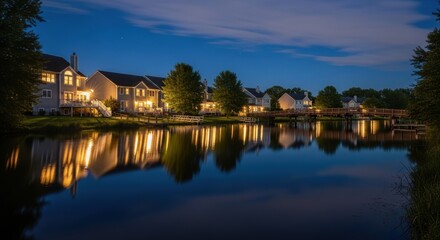Tranquil evening lake view with houses and reflections under a night sky