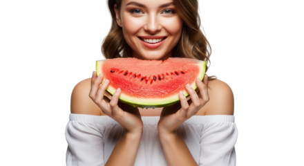 Smiling Woman Holding a Fresh Slice of Juicy Watermelon Against a White Background