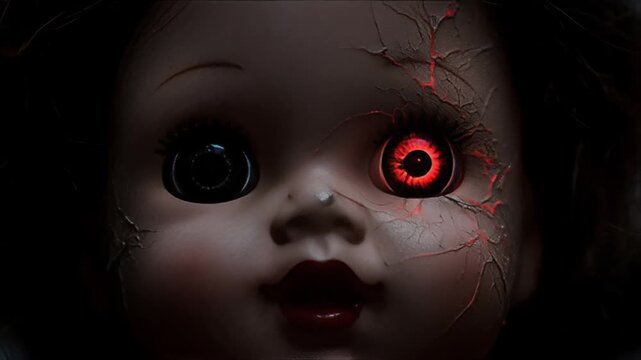 Creepy cracked porcelain doll with glowing red demonic eye staring intently, evoking horror and suspense in a dark, unsettling scene perfect for Halloween or thrillers.
