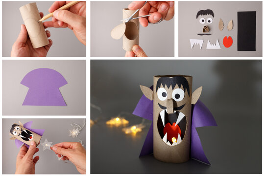 Step by step DIY craft tutorial making vampire or Dracula figure from cardboard toilet paper roll and LED light garland. Handmade Halloween decoration project. Halloween holiday concept