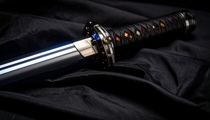 Naklejka premium A katana, a traditional Japanese sword, lies on a black fabric backdrop. Sharp blade, ornate details