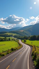 Fototapeta premium A scenic country road winds through lush green fields, sunlight illuminating a vibrant landscape, scenic, fast, hills