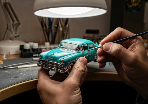 Fototapeta An artisan's hands painting a miniature vintage car, an illustration that captures the precision and passion for model building, hobbies, and DIY