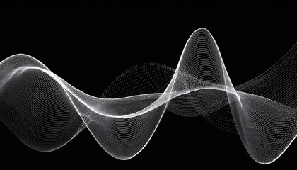 abstract wave of glowing white particles forming a smooth 3d sine curve on black background for digital banner sound visualization or web design concept