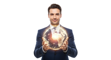 Businessman Holding a Glowing Digital Earth in His Hands Symbolizing Global Connection and Technology Innovation with Stars Around Him