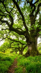 A sun-drenched woodland path winds beneath the towering branches of ancient oak trees, vibrant with fresh spring foliage.
