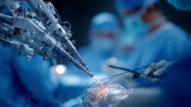 Medium closeup of robotic manipulation during cochlear implant insertion focusing on robotic wrist articulation blurred hands of surgeon in background.