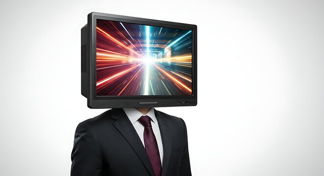 Businessman's mind filled with dynamic speed and digital motion, symbolizing innovation and forward thinking