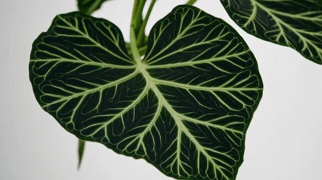 Botanical specimen foliage displayed against plain white backdrop, characterized by large, slender, durable leaves with dark green coloration and light-colored linear patterns resembling zebra stripes