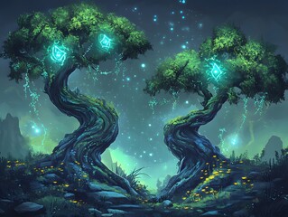 Fototapeta premium <Glowing Twin Trees in Enchanted Forest: Mystical Night Scenery and Nature Art>