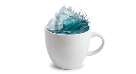 Stunning ocean wave crashes into a white mug, symbolizing powerful refreshment and energy