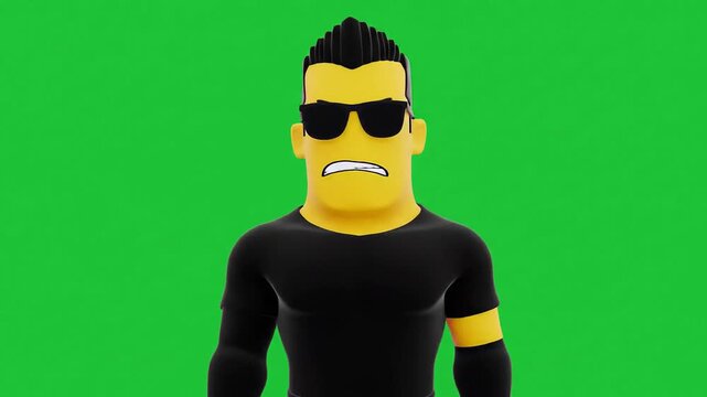 A fat man cartoon character wearing sunglasses and a black shirt standing alone on a green background looking unhappy