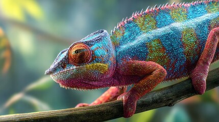 Obraz premium A colorful chameleon grips a branch in vibrant detail.