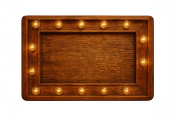 Empty wooden sign with glowing light bulbs surrounding it, isolated on transparent background, perfect for adding custom text or graphics