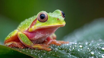 Obraz premium A green tree frog rests on a leaf with dewdrops.