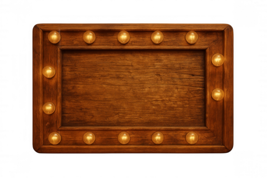 Empty wooden sign with glowing light bulbs surrounding it, isolated on transparent background, perfect for adding custom text or graphics