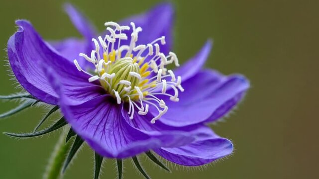 Detailed close-up graph of violet-colored pasqueflower bloom with softened, indistinct background