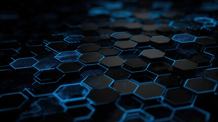 Futuristic hexagonal pattern with glowing blue lines on dark background creates modern and technological feel. This design evokes sense of innovation and digital advancement