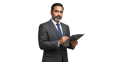Confident businessman in suit diligently taking notes on clipboard, professional executive portrait