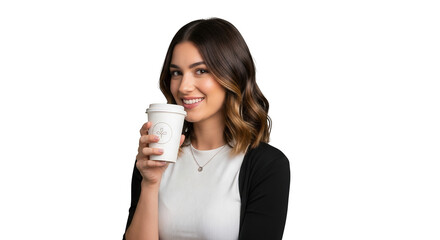 Smiling Young Woman Holding a Paper Coffee Cup with a Patterned Design Enjoying a Beverage on a Clean White Background