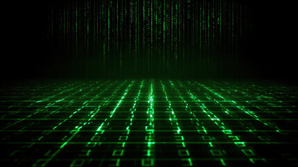Digital landscape featuring grid of glowing green binary code, creating futuristic and technological atmosphere. cascading numbers evoke sense of data flow and virtual reality