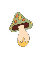 Groovy psychedelic cartoon mushroom in retro and funky style sticker. Trippy y2k sticker with colorful look and playful groovy element. Funky cartoon mushroom art for cheerful creative projects