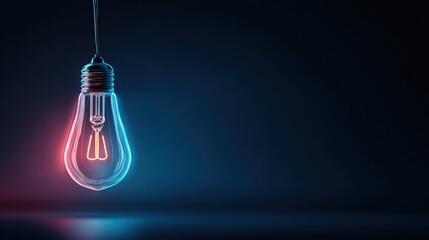 Glowing light bulb hangs against dark background, showcasing vibrant blue and red neon glow. design emphasizes modern aesthetics and creativity, perfect for artistic or technological themes