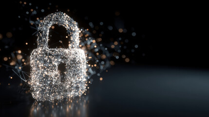 Digital representation of padlock made of glowing particles and connections, symbolizing cybersecurity and data protection. image conveys sense of security and technology in modern context