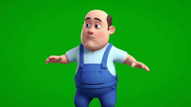 A fat man cartoon character wearing blue overalls and a white shirt stands with arms outstretched in a questioning pose against a green background